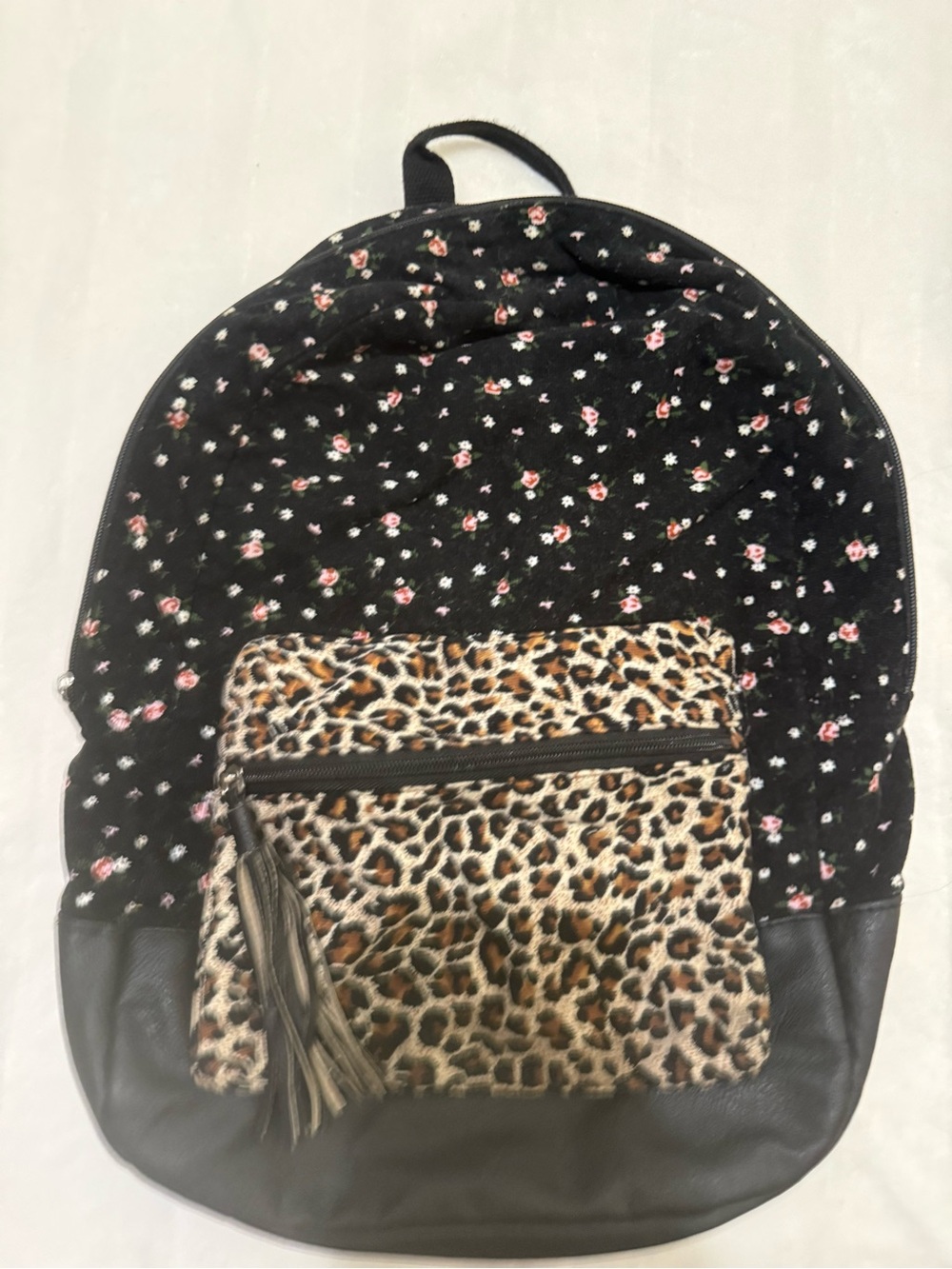 No Boundaries Black Floral Backpack with Leopard Front Pocket